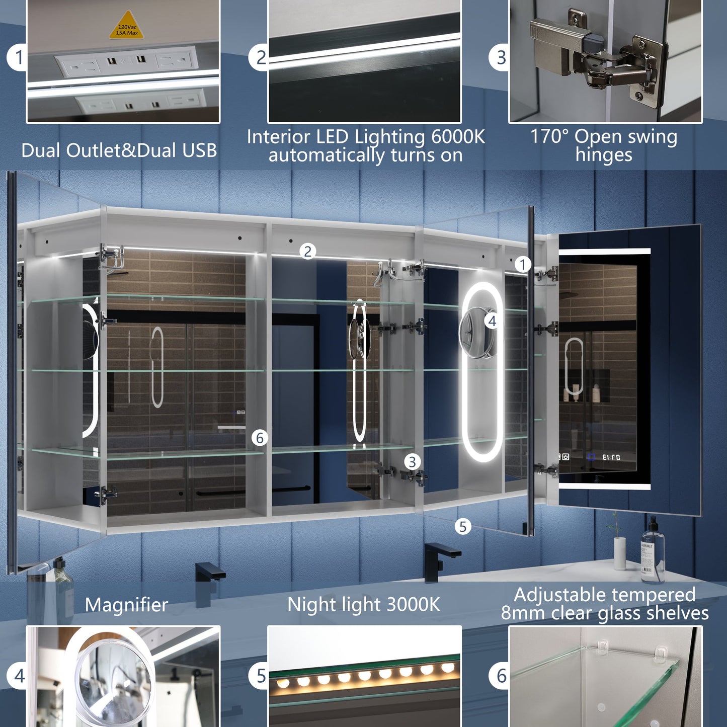 Illusion 60" x 36" LED Lighted Medicine Cabinet with Magnifiers Front and Back Light - ExBriteUSA