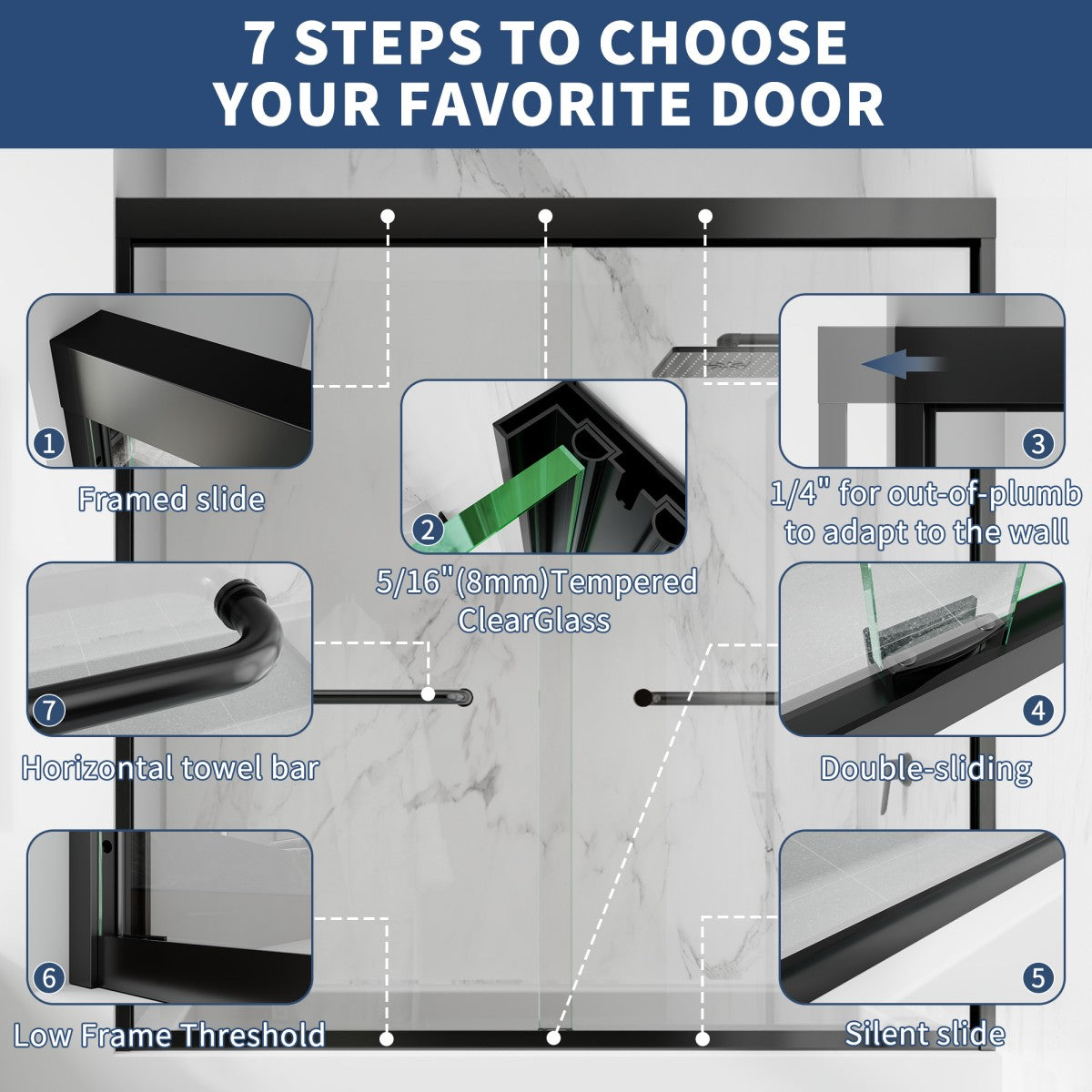Glide-Bpro 58-60 in. Framed Double Sliding Tub Door,Bypass Bathtub Shower Tempered Glass Door,Matte Black,Explosion-Proof Film