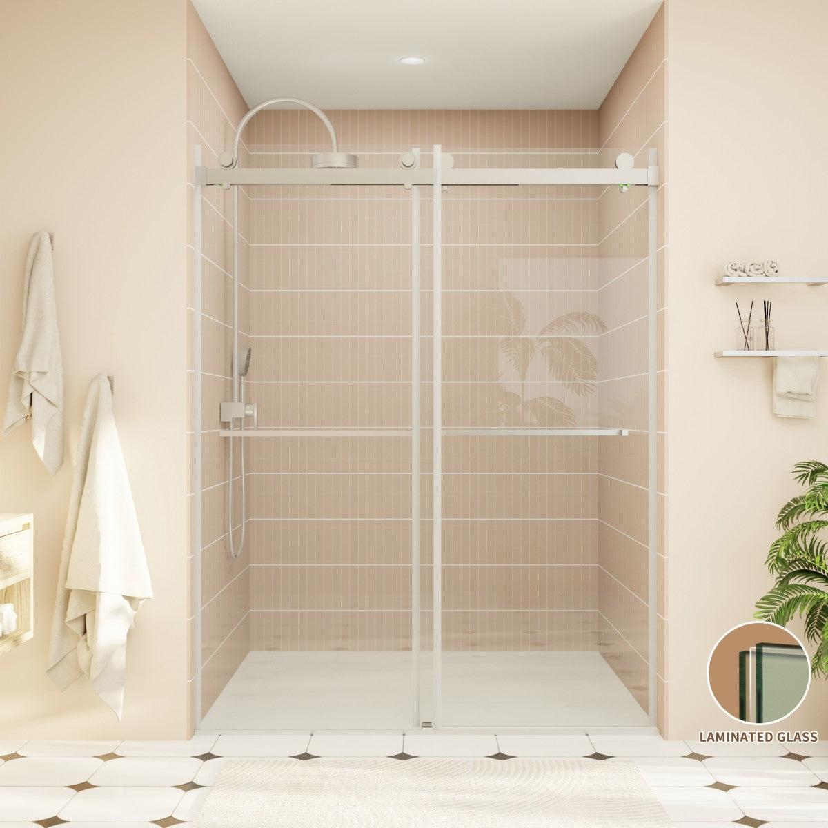 ExRoll-P Allsumhome 56"-60"W x 76"H Frameless Double Sliding Shower Door,10mm Tempered Glass Shower Enclosure,Easy Clean Coat,Brushed Nickel,Buffer
