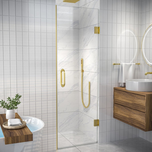 Valor 24"x72" Frameless Shower Door in Brush Gold,Water Repellent Glass with Seal Strip Parts and Handle,Glass Hinged Shower Door