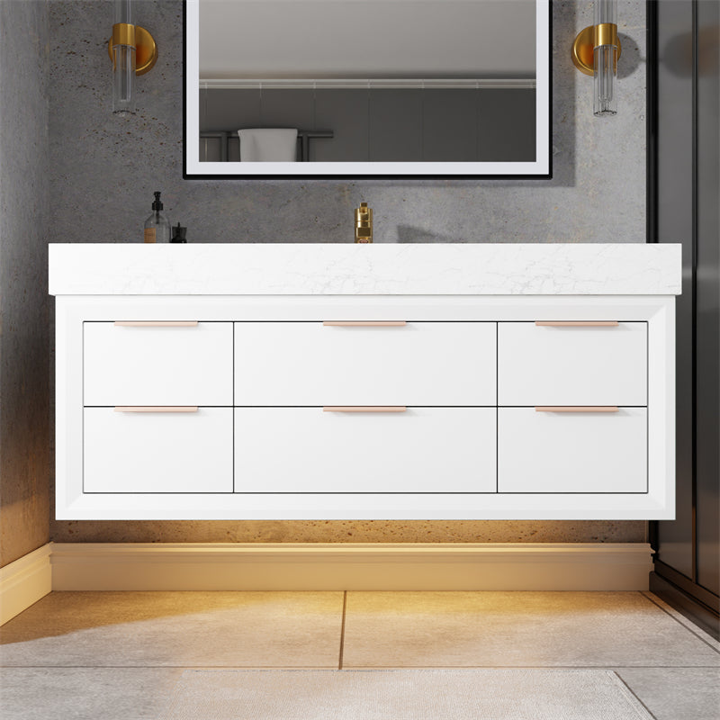 Modern 48" white rubberwood bathroom vanity cabinet with lights, stone slab countertop, and single sink.