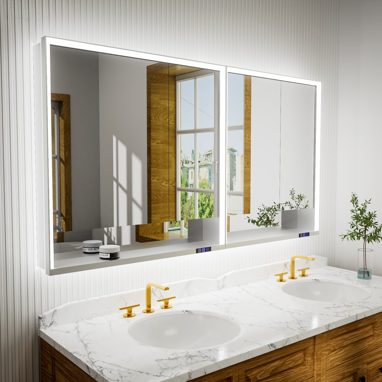 Ample 72" W x 36" H Wall Mounted Bathroom Medicine Cabinets with LED Lights, Mirror, and Shelves for Recessed or Surface Mount