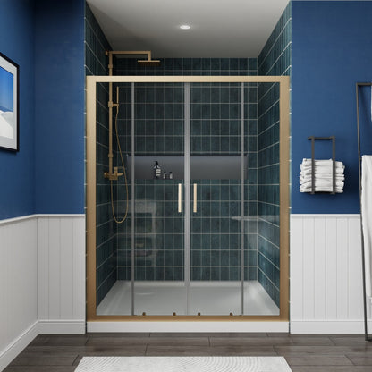 Modern bathroom with a shower enclosure, blue tiled walls, and wooden floor.