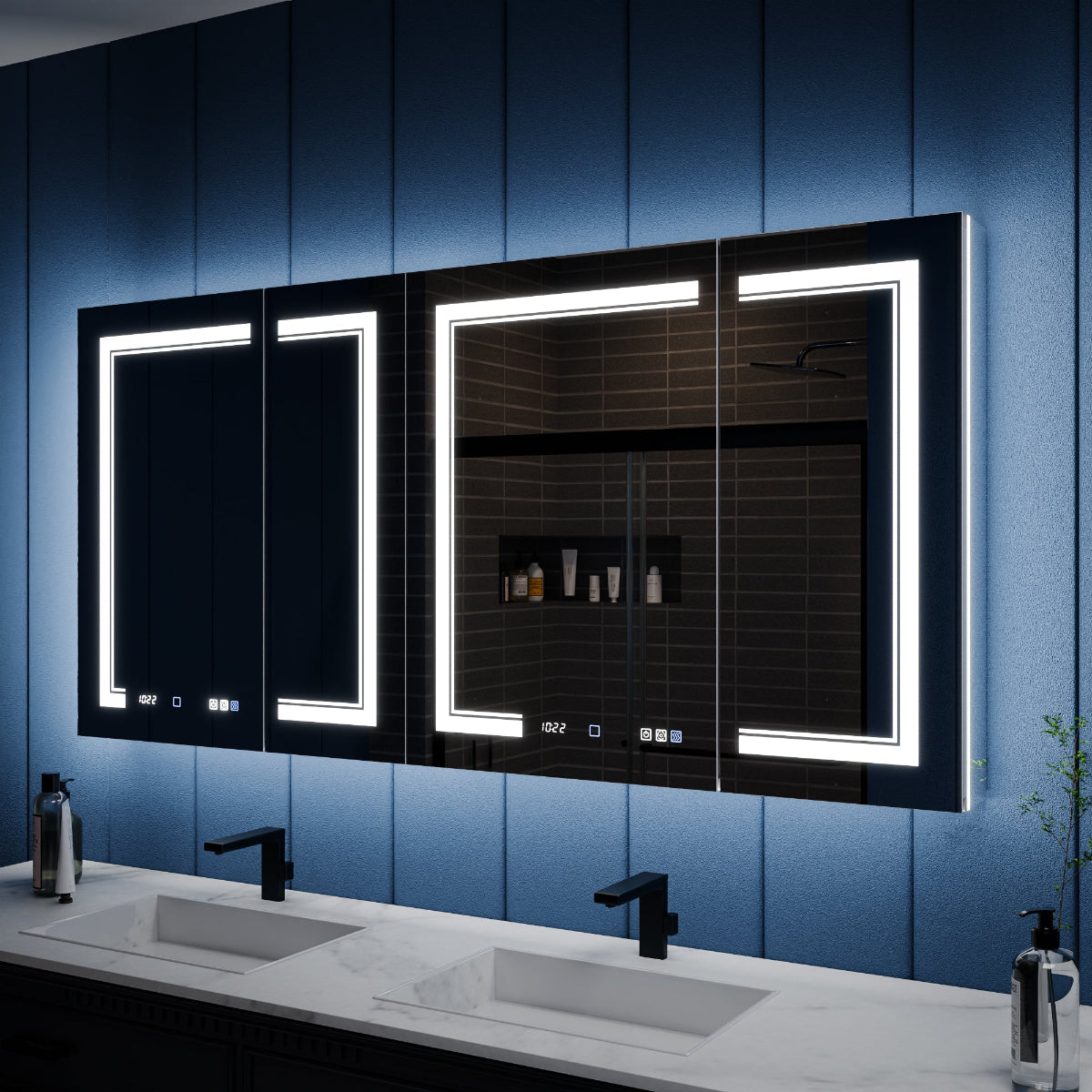 Illusion-B 66" x 32" LED Lighted Inset Mirrored Medicine Cabinet with Magnifiers Front and Back Light - ExBriteUSA