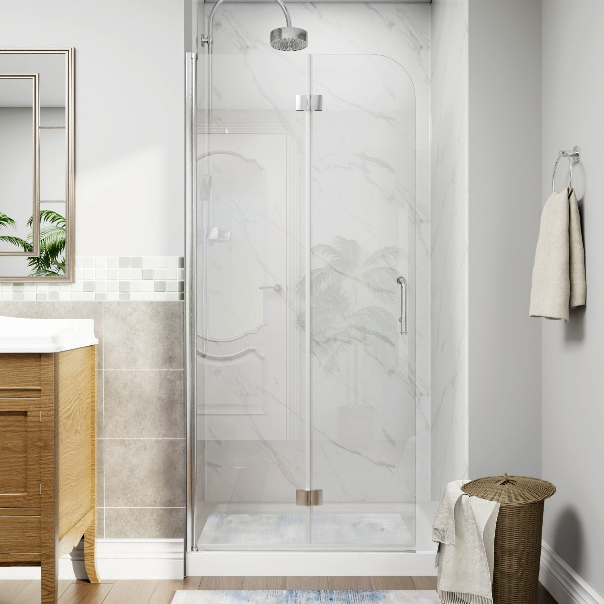 Adapt-E 30in.W x 72 in.H Bifold Frameless Folding Glass Shower Doors,Chrome Finish,Pivot Swing Shower Doors,1/4 in.Fold Clear Glass