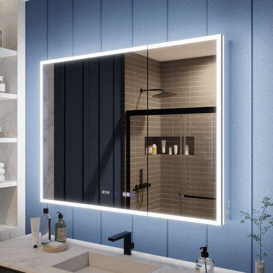 Illusion 48" x 36" LED Lighted Medicine Cabinet with Magnifiers Front and Back Light-with Clock