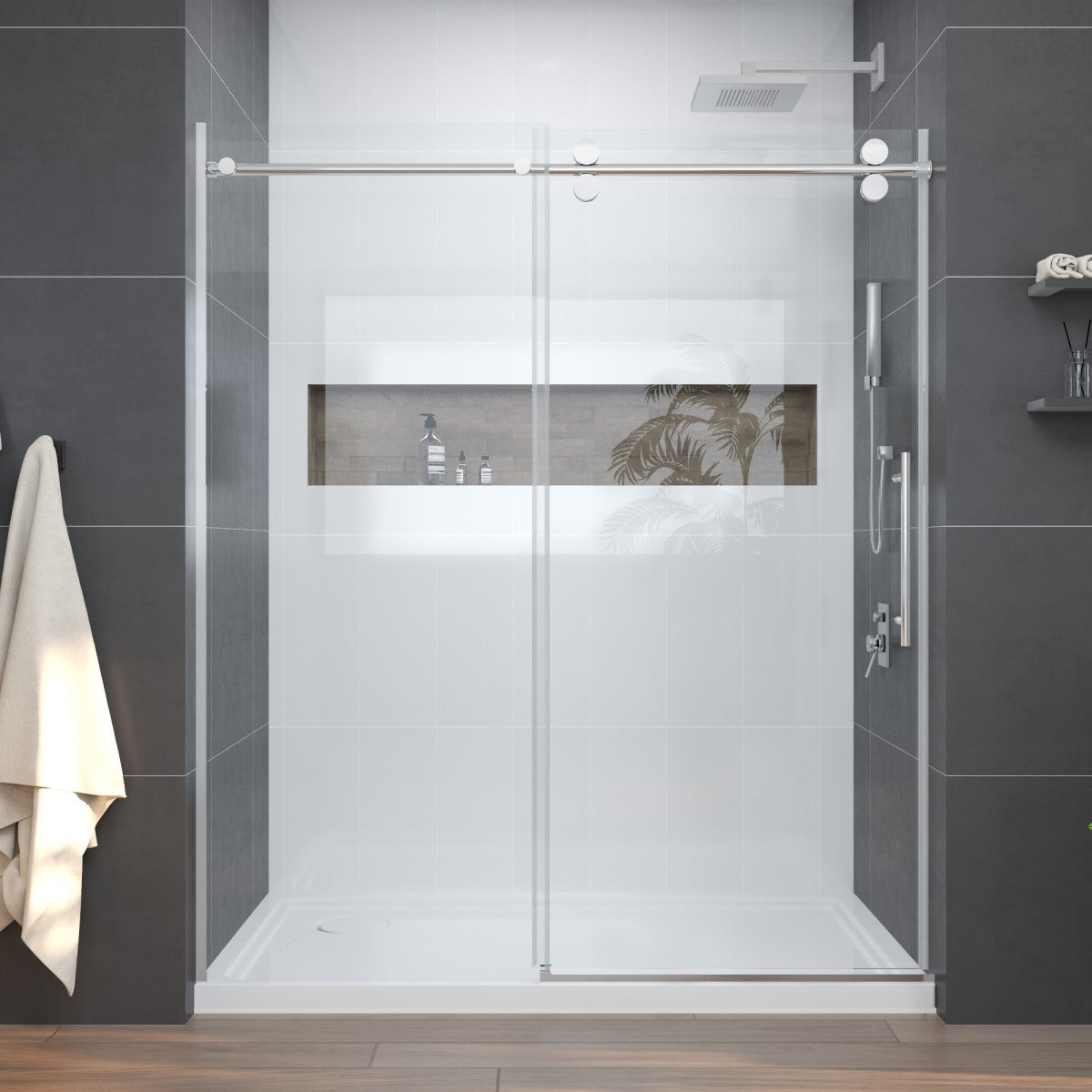 Anchor-H Allsumhome 56"-60"W x 76"H Frameless Sliding Shower Door,10mm Tempered Glass Shower Enclosure,Double Side Easy Clean Coat,Chrome,Buffer