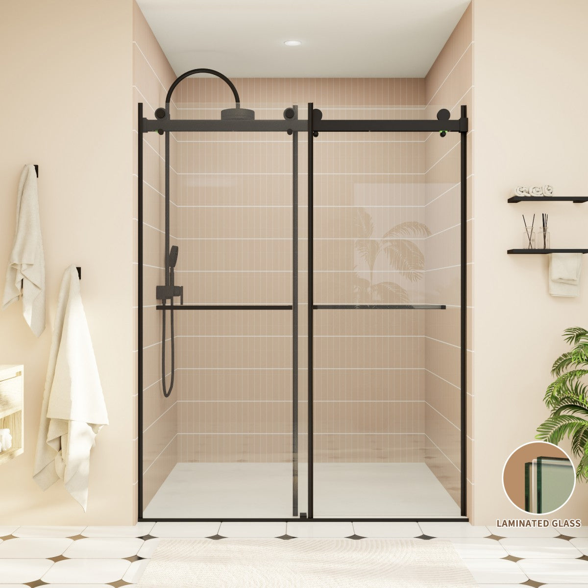 ExRoll-P Allsumhome 56"-60"W x 76"H Frameless Double Sliding Shower Door,10mm Tempered Glass Shower Enclosure,Easy Clean Coat,Matte Black,Buffer