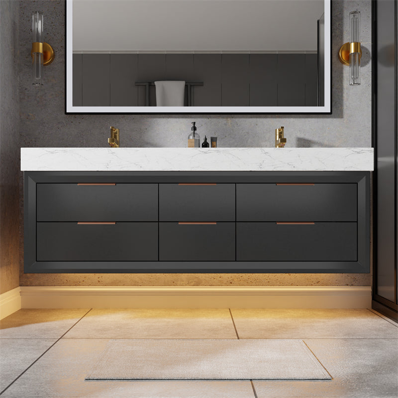 Glam 60" Modern Floating Rubberwood Bathroom Vanity Cabinet with Lights and Stone Slab Countertop in Black - ExBriteUSA