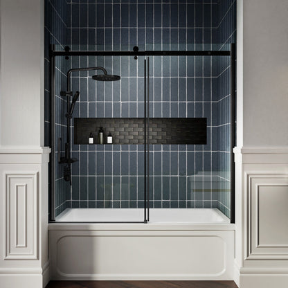 Zephyr 56-60" Semi-Frameless Single Sliding Tub Door,Matte Black,Bypass Bathtub Shower Tempered Glass Door with Explosion-Proof Film