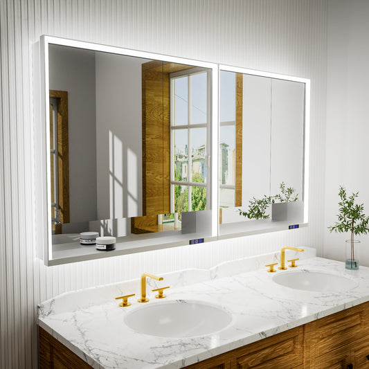 Ample 66" W x 36" H Wall Mounted Aluminum Bathroom Medicine Cabinets with LED Light, Mirror, and Shelves for Recessed or Surface Mount