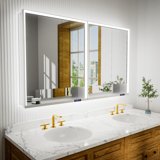 Ample 60" W x 36" H Wall Mounted Bathroom Medicine Cabinets with LED Light, Mirror, and Shelves for Recessed or Surface Mount