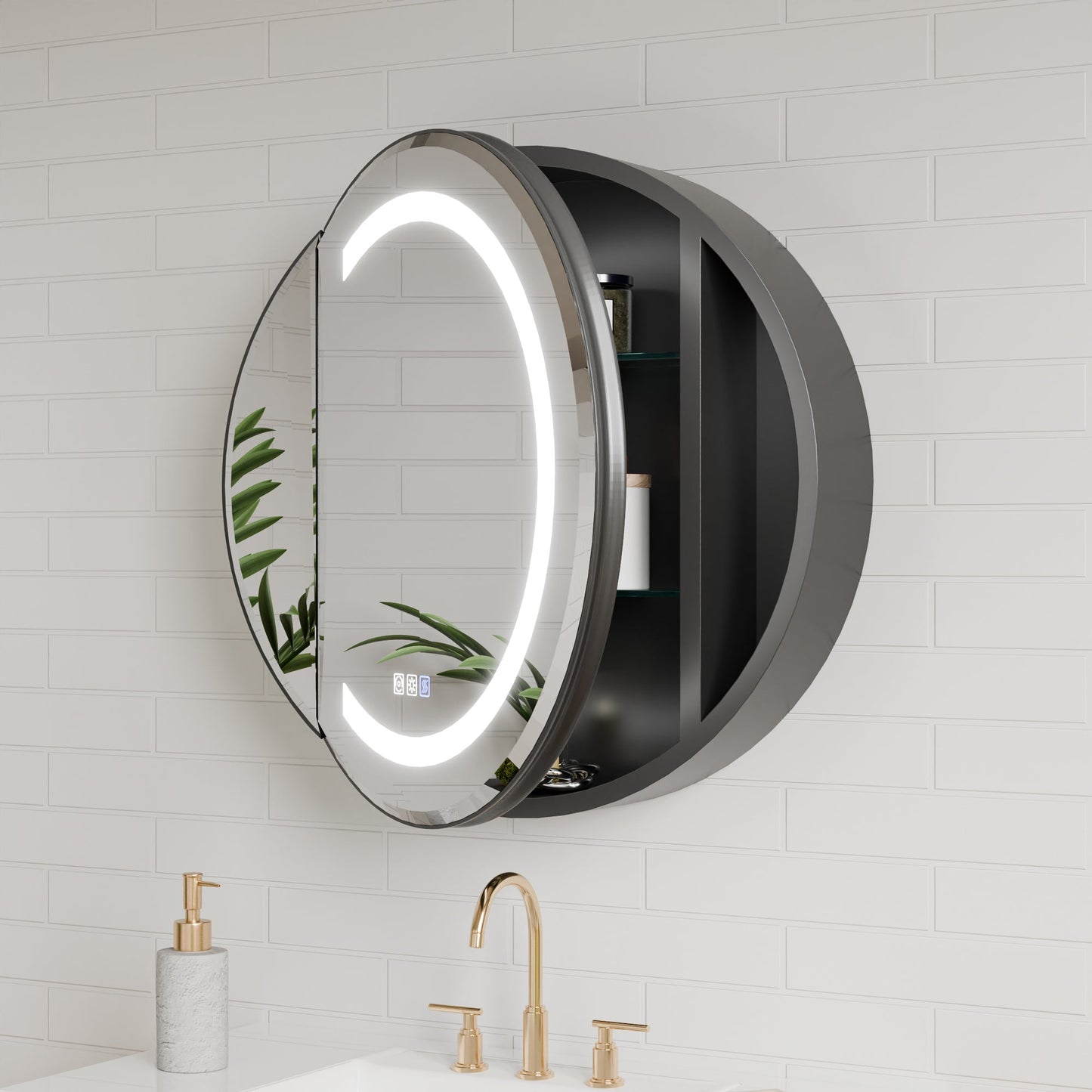 Hola 24" Round LED Medicine Cabinet �C Black Frame, Anti-Fog, Dimmable Lighting, Surface Mount - ExBriteUSA