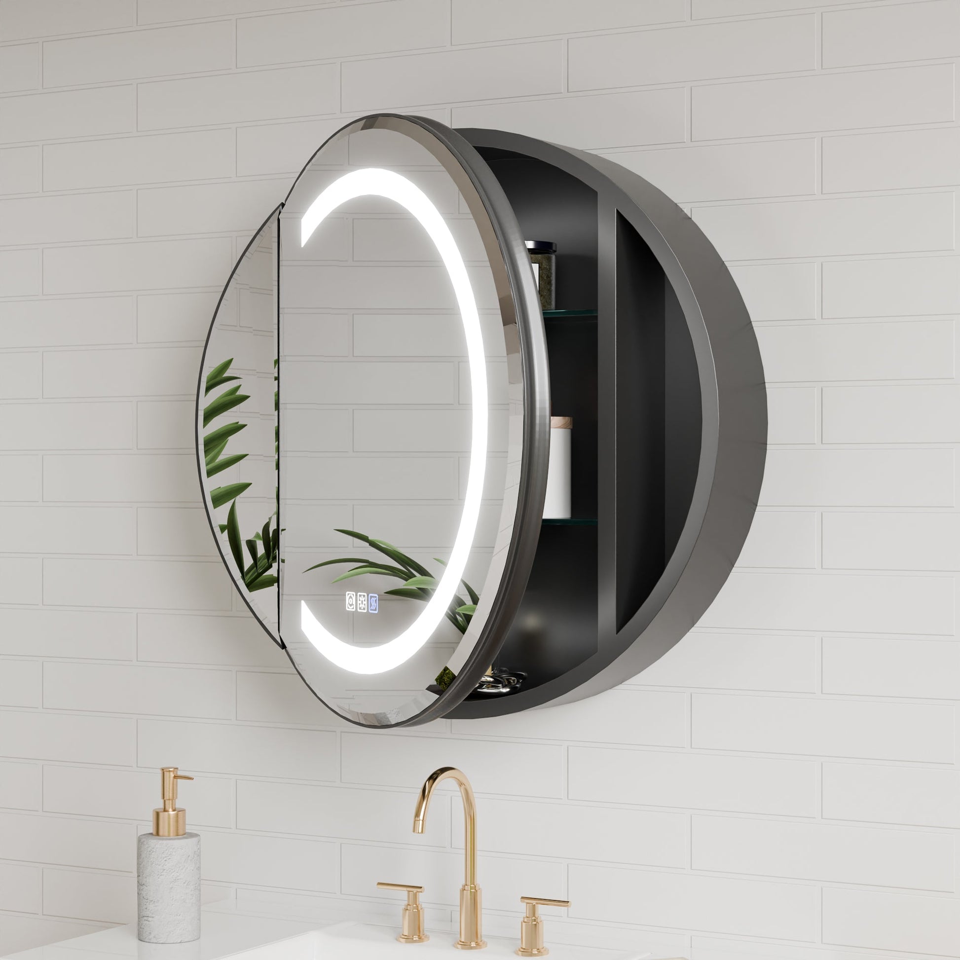 Hola 24" Round LED Medicine Cabinet �C Black Frame, Anti-Fog, Dimmable Lighting, Surface Mount - ExBriteUSA