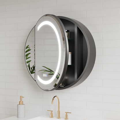 Hola 24" Round LED Medicine Cabinet �C Black Frame, Anti-Fog, Dimmable Lighting, Surface Mount - ExBriteUSA