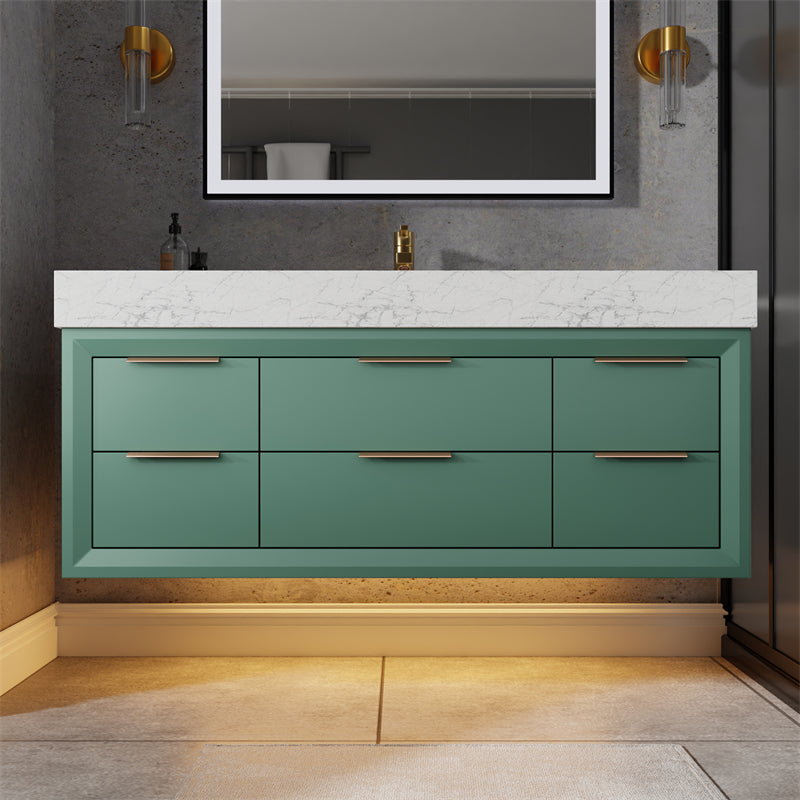 Glam 48" Modern Floating Green Rubberwood Bathroom Vanity Cabinet with Lights and Stone Slab Countertop, Single Sinks - ExBriteUSA