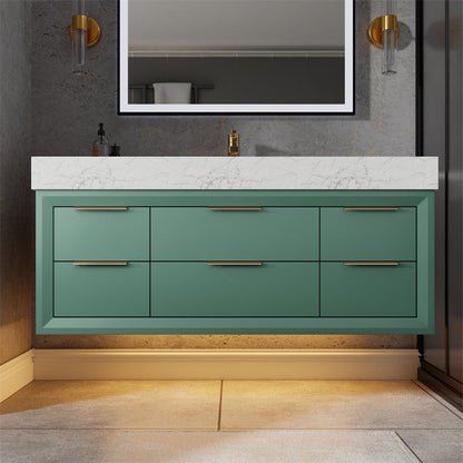 Glam 48" Modern Floating Green Rubberwood Bathroom Vanity Cabinet with Lights and Stone Slab Countertop, Single Sinks - ExBriteUSA