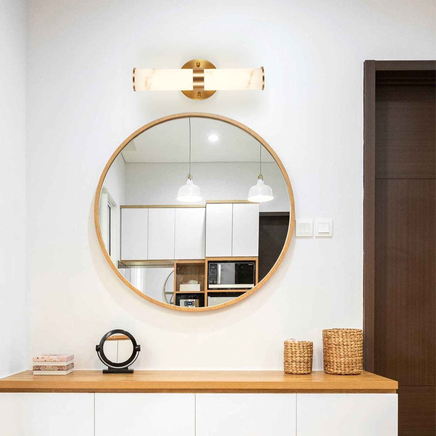 Exbrite Set of 2 Modern Marble-Effect Resin Wall Sconces with Gold Accents �C Elegant LED-Compatible Vanity Lights for Bedroom, Living Room & Hallway(Only Inoor)