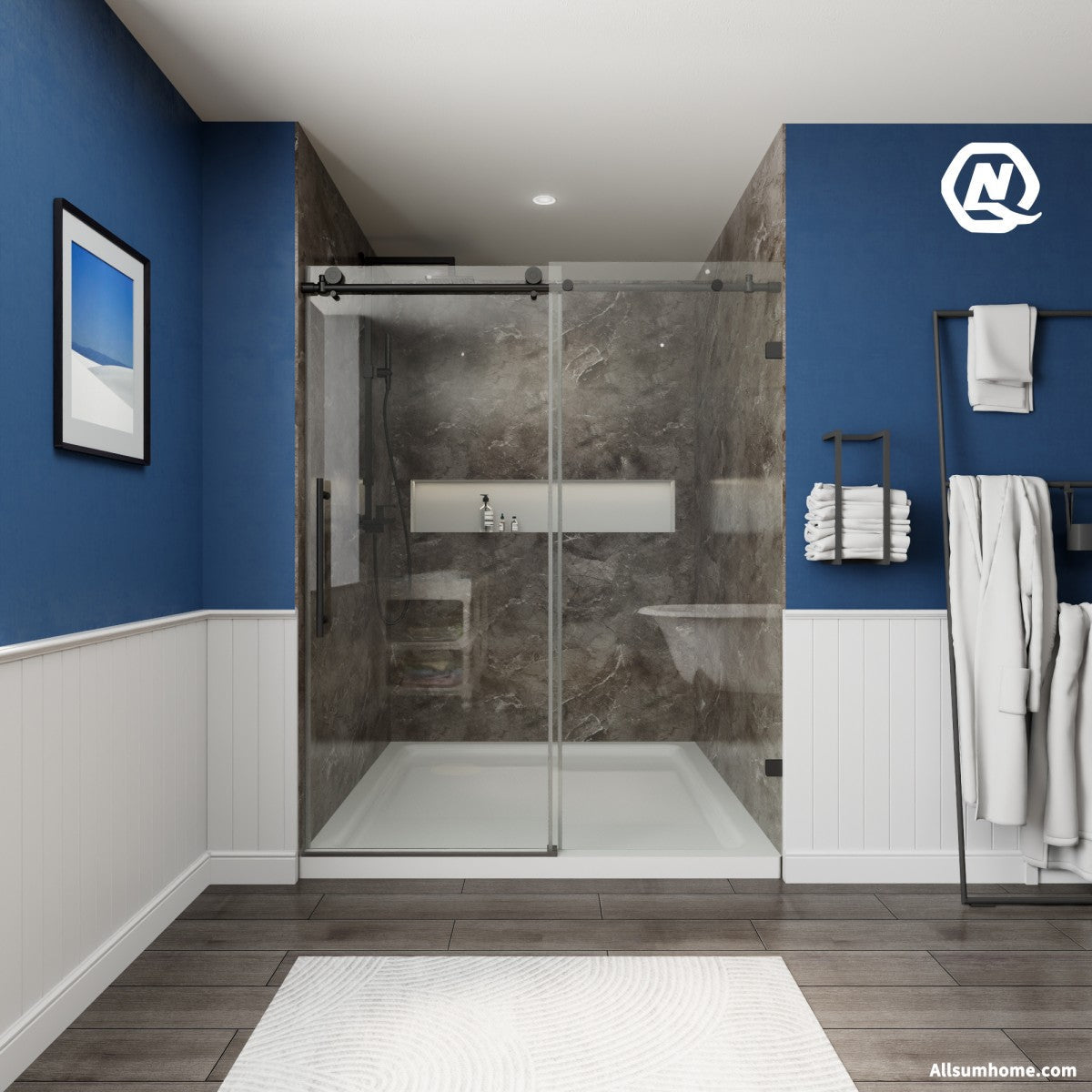 Anchor 56-60 in. W x 74 in. H Frameless Tall Shower Door Sliding Walk-in Shower Design with 8mm thick Clear Glass,Black - ExBriteUSA