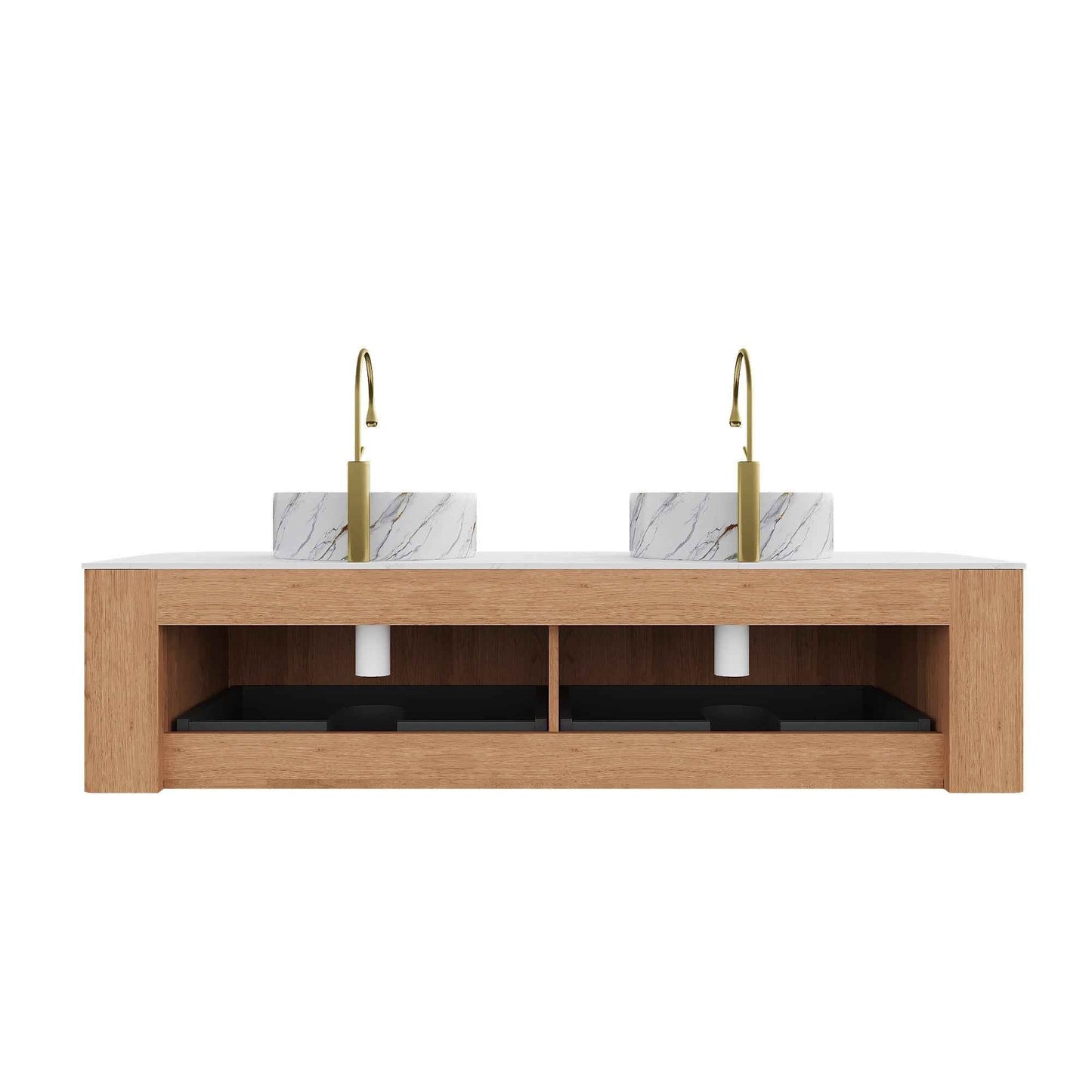 ExBrite DN 60' Bathroom Vanity with Sinks, Wall-Mounted Curved Edges Striped Bathroom Storage Cabinet with 2 Drawers, 2 White Round Ceramic Basin with Stone Pattern, Pre-assembled, Natural Woodgrain Color