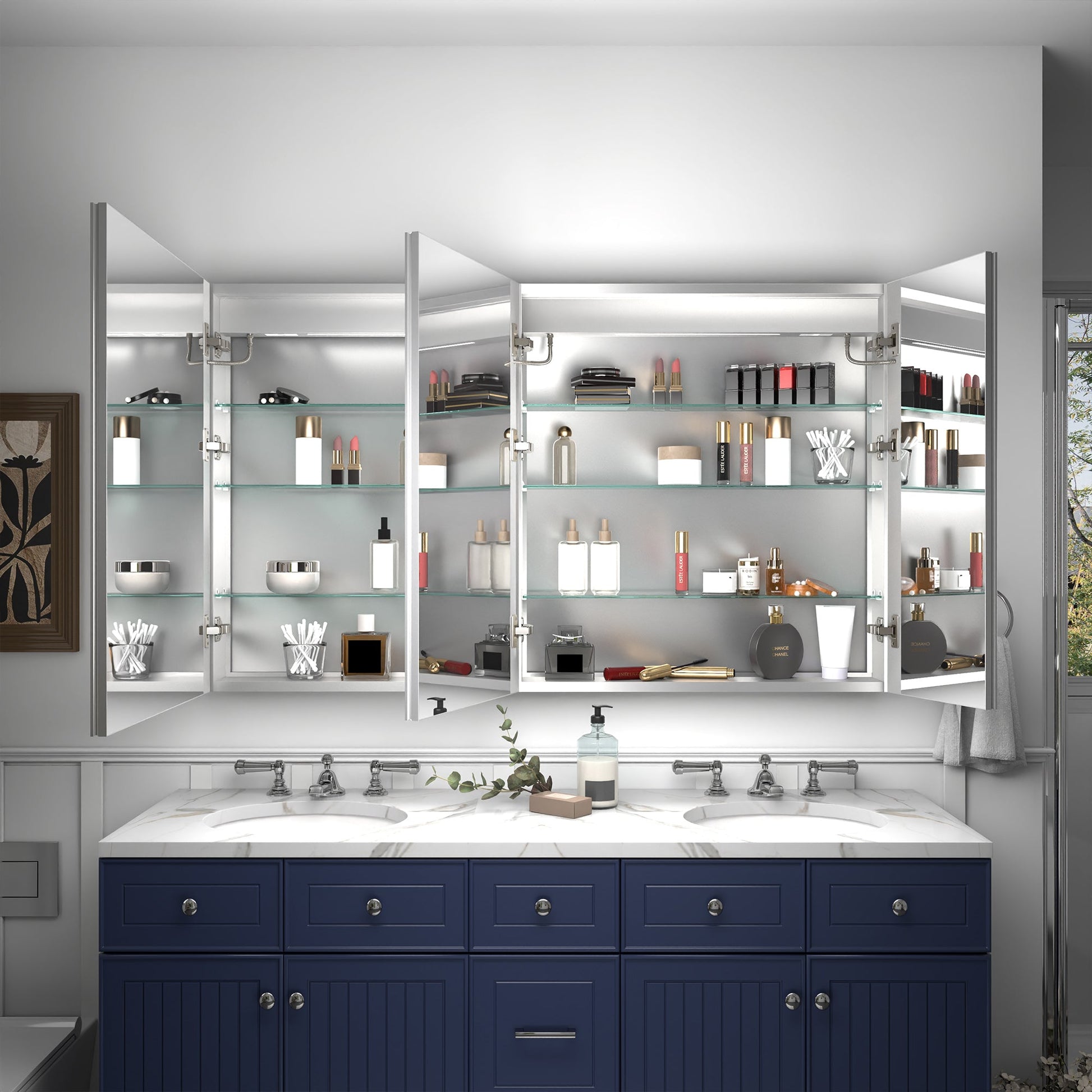 Rim 54" W x 32" H LED Lighted Medicine Cabinet Recessed or Surface with mirrors - ExBriteUSA