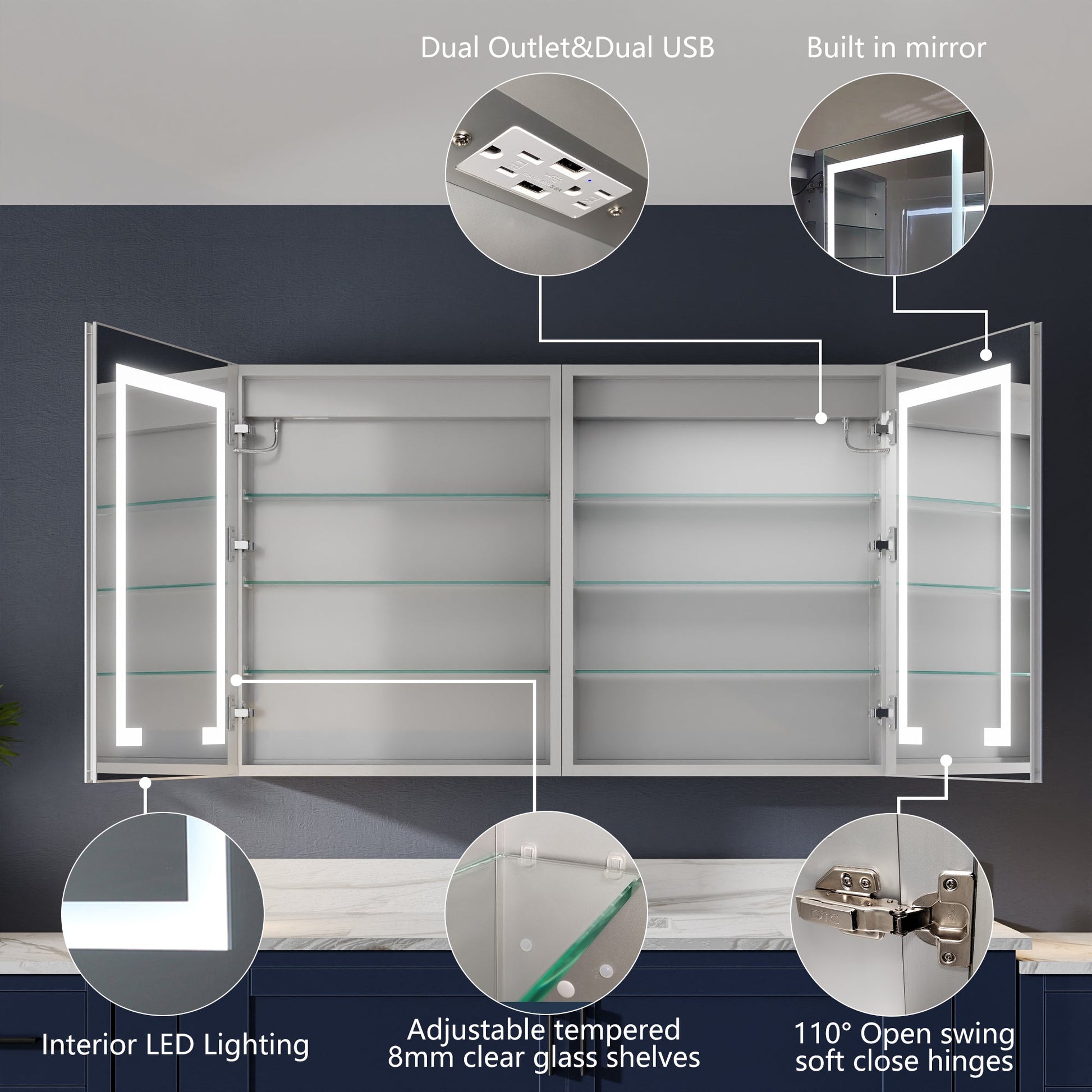 Boost-M1 48" W x 30" H Light Medicine Cabinet Recessed or Surface Mount Aluminum Adjustable Shelves Vanity Mirror Cabinet - ExBriteUSA