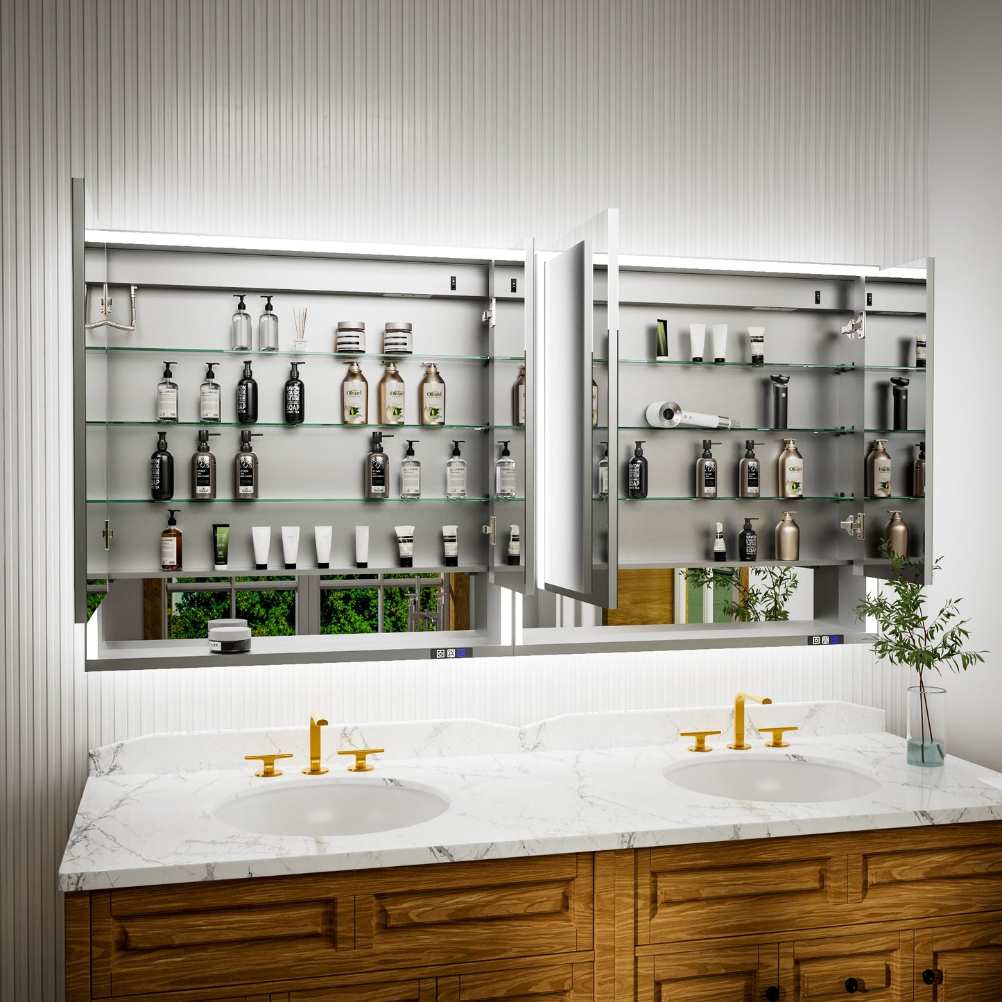 Ample 72" W x 36" H Wall Mounted Bathroom Medicine Cabinets with LED Lights, Mirror, and Shelves for Recessed or Surface Mount