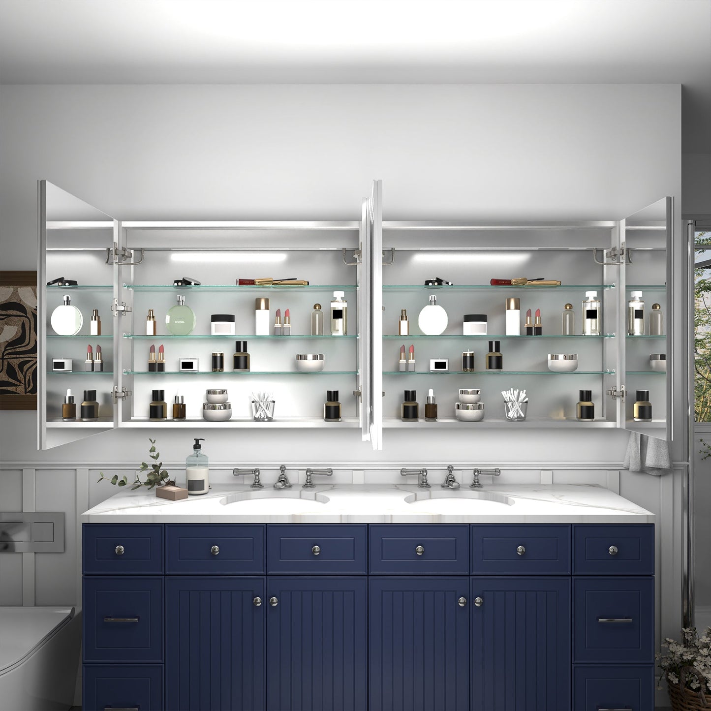 Rim 72" W x 30" H LED Lighted Medicine Cabinet Recessed or Surface with Mirrors - ExBriteUSA