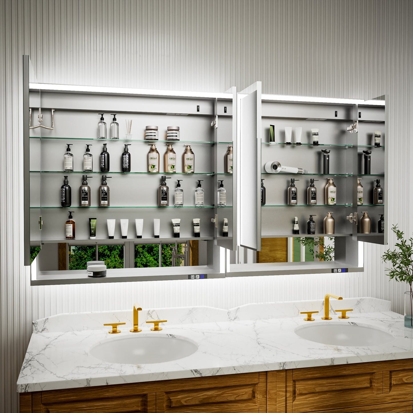 Ample 66" W x 36" H Wall Mounted Aluminum Bathroom Medicine Cabinets with LED Light, Mirror, and Shelves for Recessed or Surface Mount