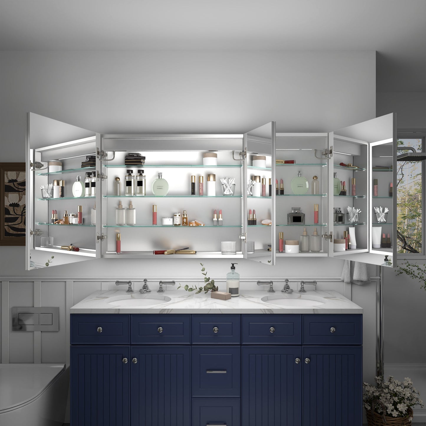 Rim 56" W x 30" H LED Lighted Medicine Cabinet Recessed or Surface with Mirrors - ExBriteUSA