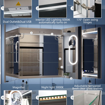 Illusion 48" x 36" LED Lighted Medicine Cabinet with Magnifiers Front and Back Light