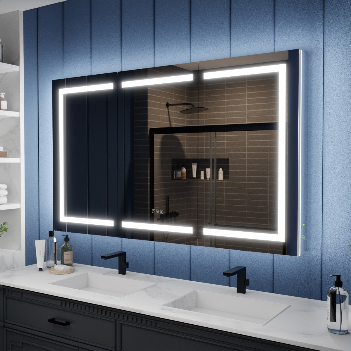 Illusion-B 60" x 36" LED Lighted Inset Mirrored Medicine Cabinet with Magnifiers Front and Back Light