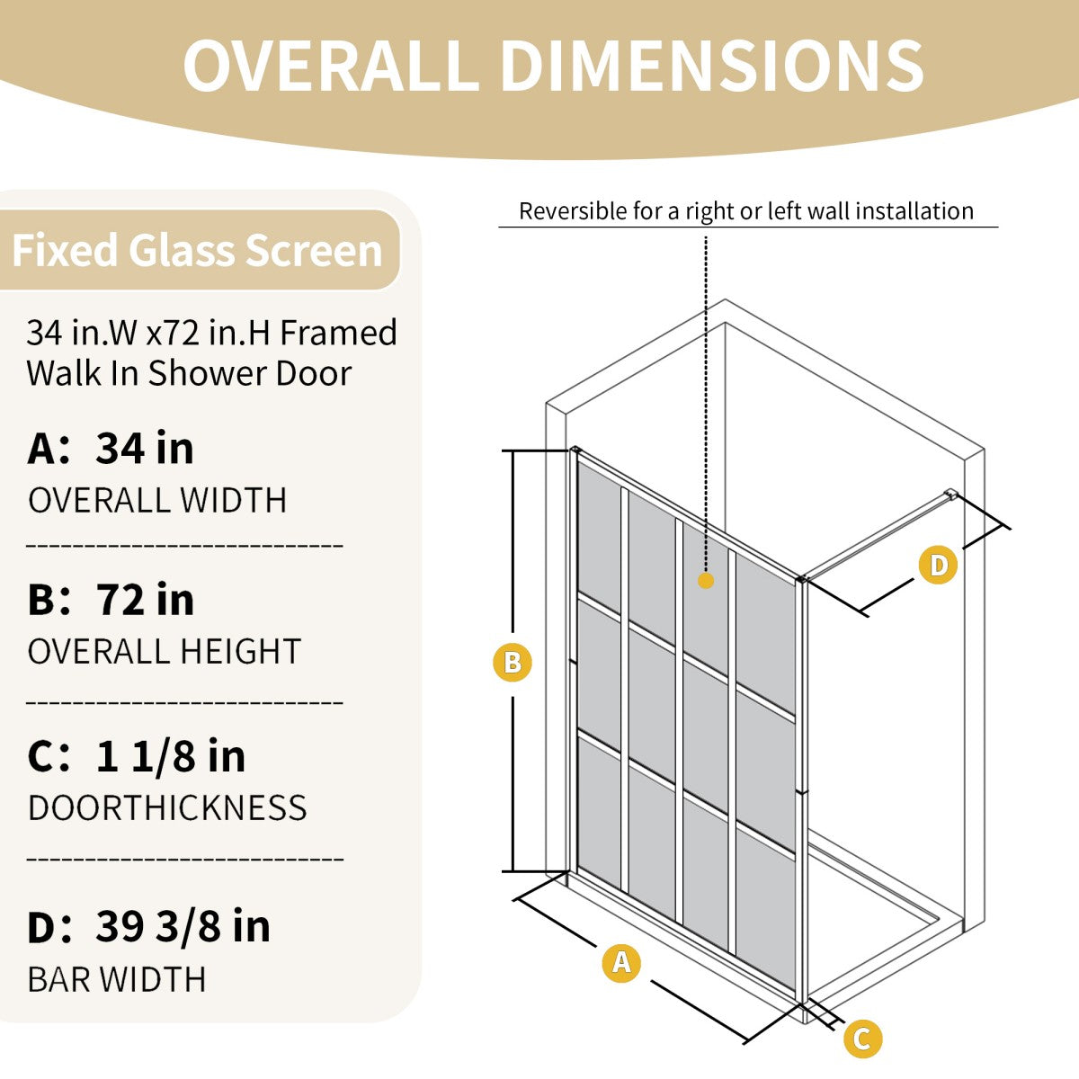 Atlas 34" X 72" Black Shower Door Clear Tempered Glass Framed Shower Screen Walk-in,Corner shower door