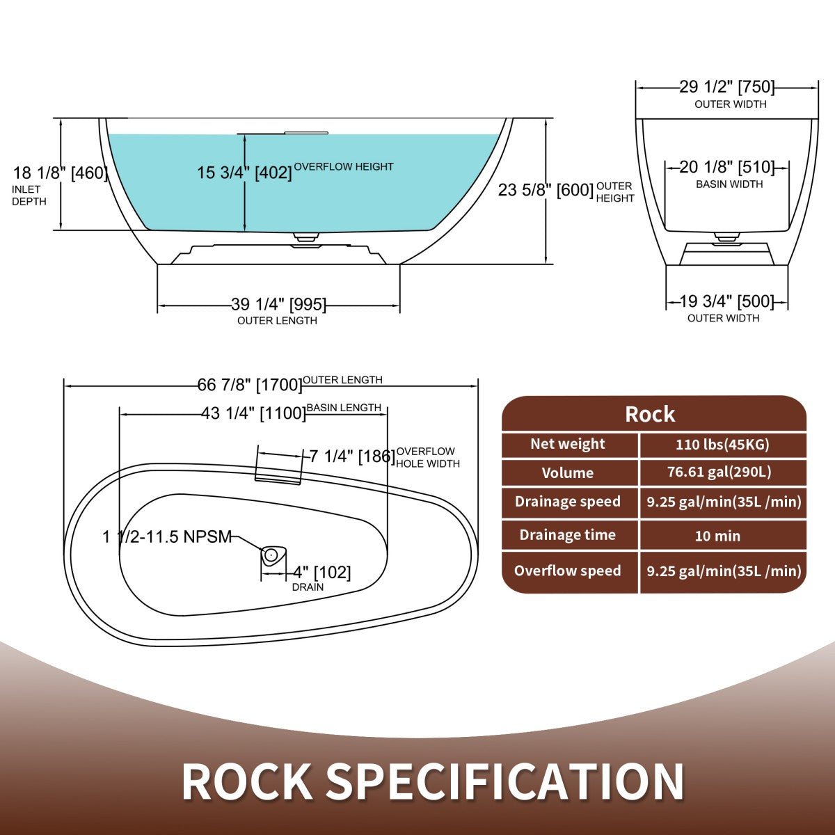 Allsumhome RockE 67" Imitation Natural Stone Freestanding Bathtub,Stone Touch,White,Scratch-proof,cUPC Certified,No Drain - ExBriteUSA