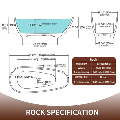 Allsumhome RockE 67" Imitation Natural Stone Freestanding Bathtub,Stone Touch,White,Scratch-proof,cUPC Certified,No Drain - ExBriteUSA