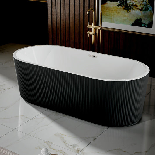 WSP-NK Exbrite 67' Acrylic Freestanding Bathtub, Unique Pleated Design, Glossy Black, Brushed Nickel  Overflow and Pop-Up Drain, cUPC Certified