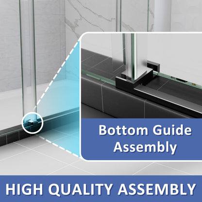 Glass shower enclosure with a focus on the bottom guide assembly, labeled 'High Quality Assembly'.