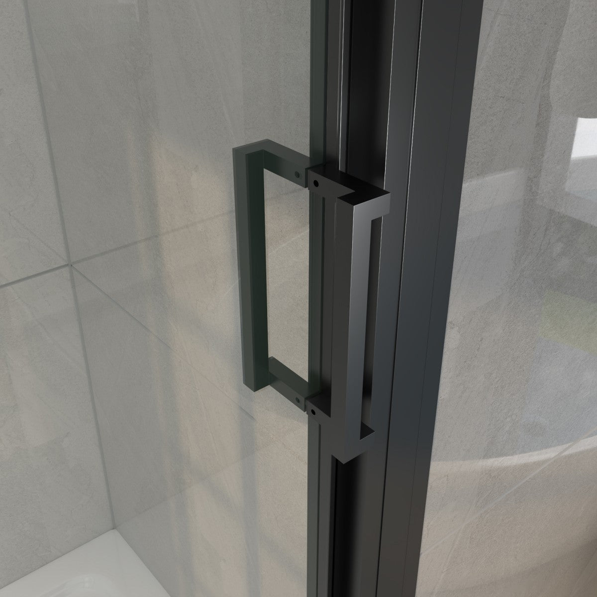 Black shower door handle on a glass panel with tiled wall background