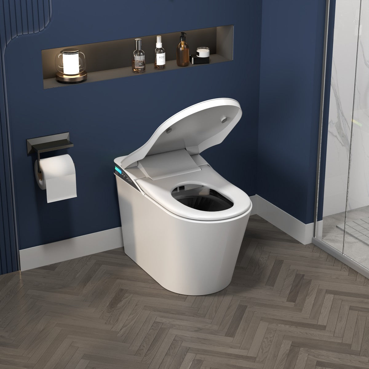 Exbrite Smart Toilet With Foot Sensing Open Cover & Seat, Buttons Control, Night Light, Leakage Protection, Side Knob With Multiple Controls, Remote Control, Auto Flushing, White Screen - ExBriteUSA