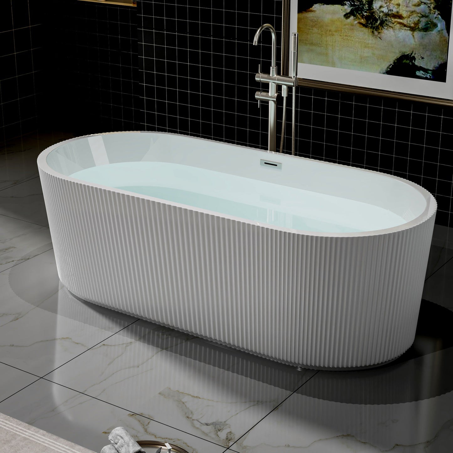 WSP-NK Exbrite 67' Acrylic Freestanding Bathtub, Unique Pleated Design, Glossy White,  Brushed Nickel  Overflow and Pop-Up Drain, cUPC Certified