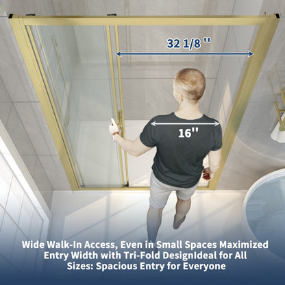 Nexus 56-60W x 70.H Easy Clean Framed Tri-Fold Sliding Shower Door with 1/4" (6mm) Clear SGCC Tempered Glass,Brushed Golde Finish