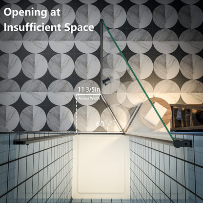 Classy 24-26" W x 72" H small clear glass shower door with black hinged pivot install, showing door opening in a tiled bathroom space.