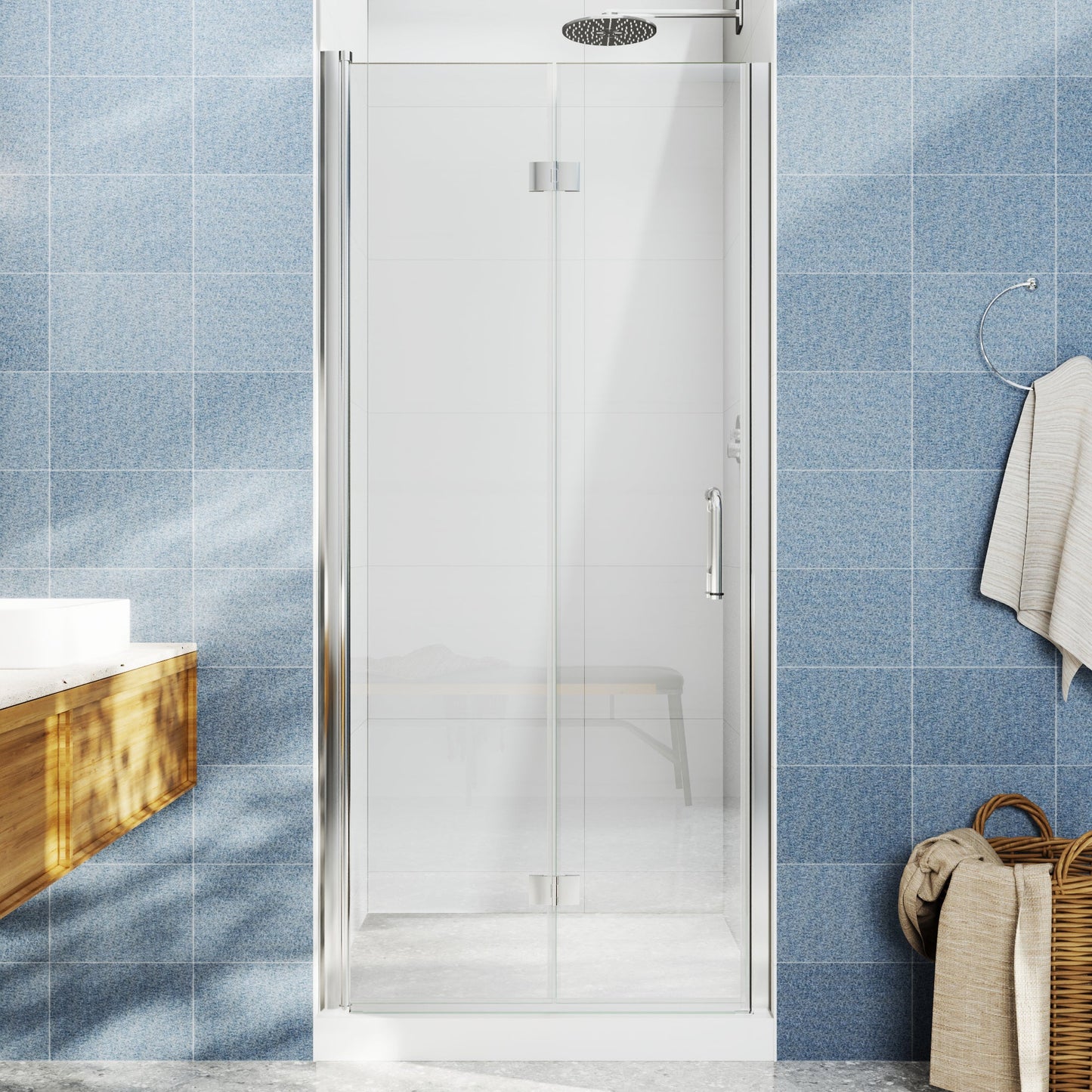 Adapt Allsumhome Bifold Shower Door 34-36 in.W x 72 in.H Pivot Swing Shower Doors,Chrome,Clear Tempered Shower Glass