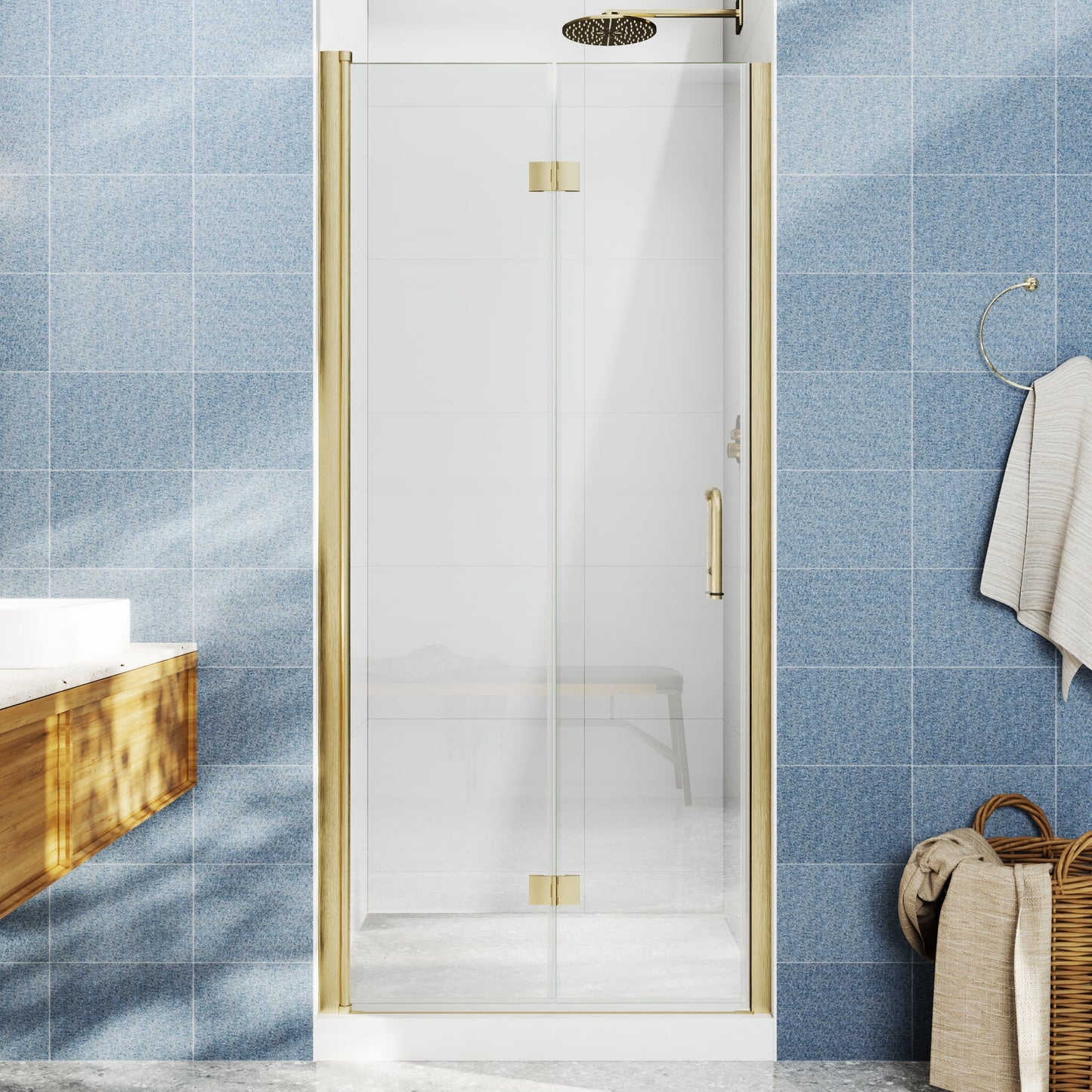 Adapt Allsumhome Bifold Shower Door 36-38 in.W x 72 in.H Pivot Swing Shower Doors,Brushed Gold,Clear Tempered Glass