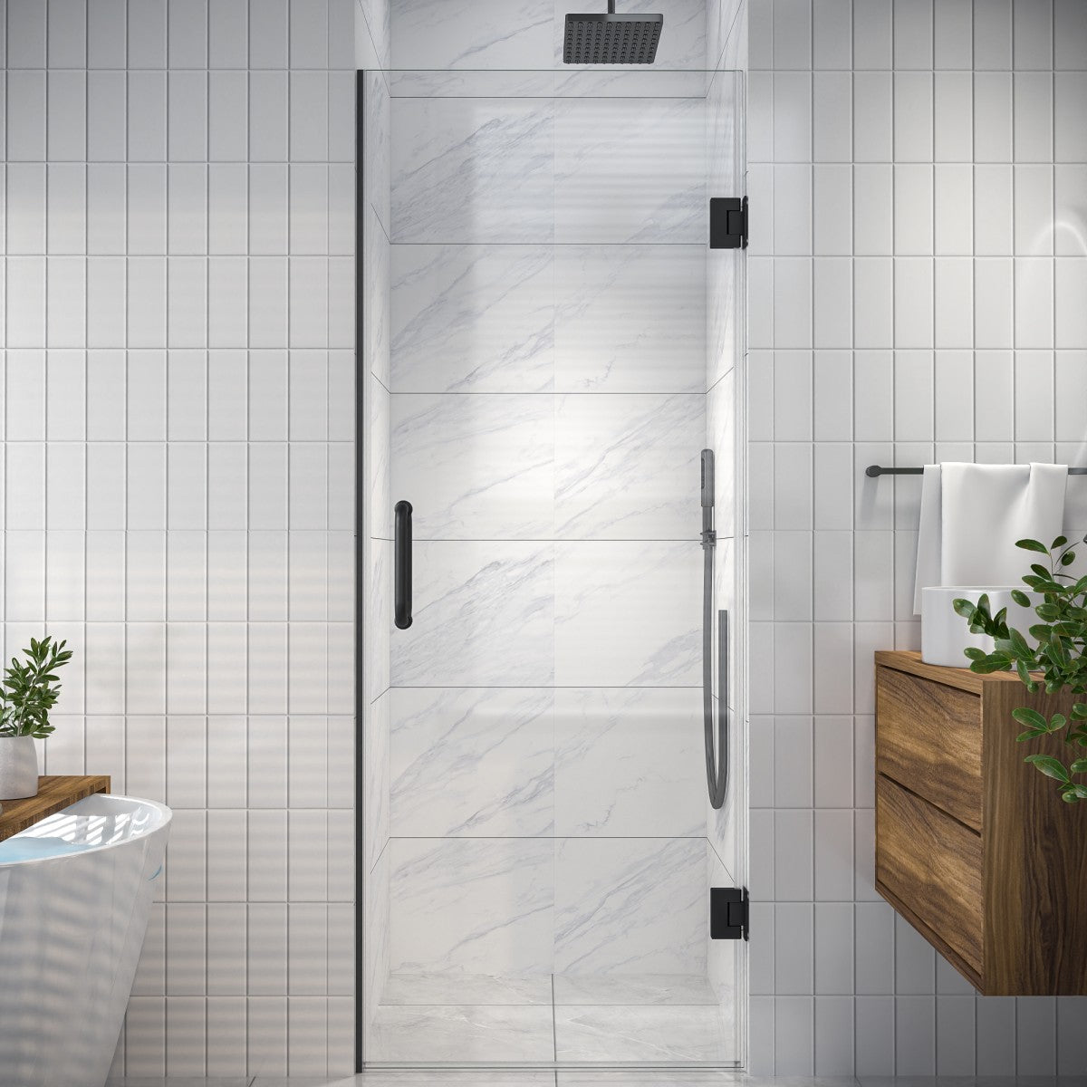 Valor Shower Door 28in.W x 72in.H Frameless Hinged Shower Door,Shower Room Glass Door with Clear Tempered Shower Glass Panel,Black