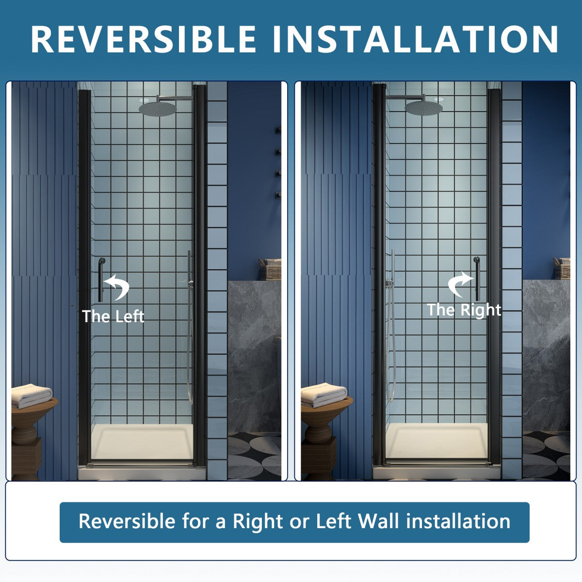 Reversible installation of Classy 24-26" W x 72" H small clear glass shower door with hinged pivot, black install.