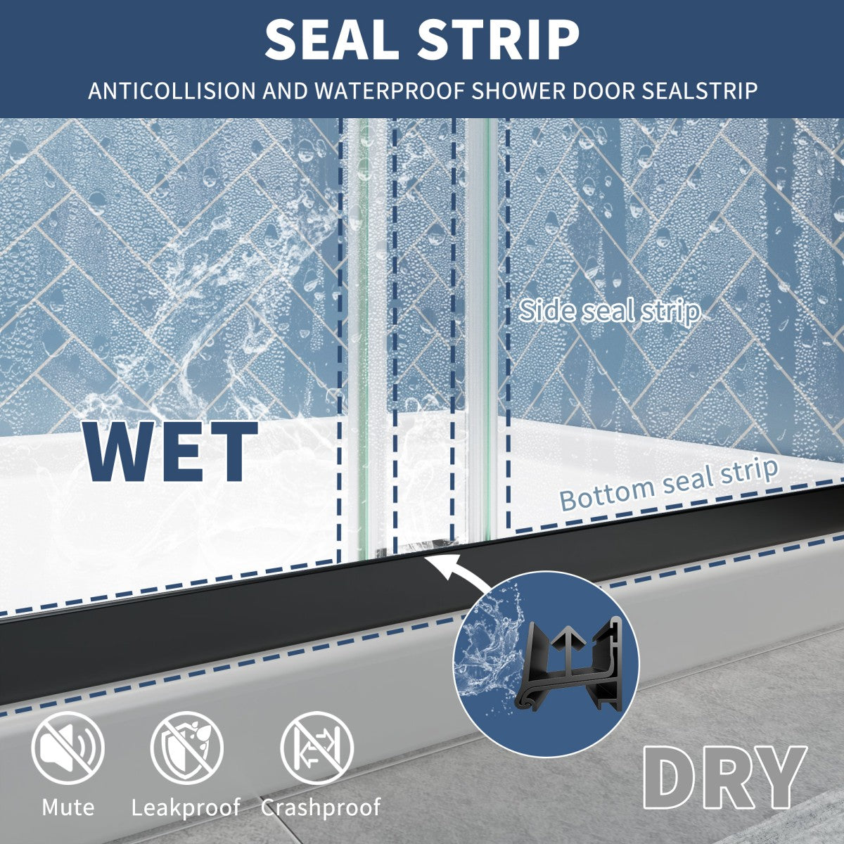 Glide sliding glass shower doors with clear tempered safety glass, black frame, and waterproof seal strip.