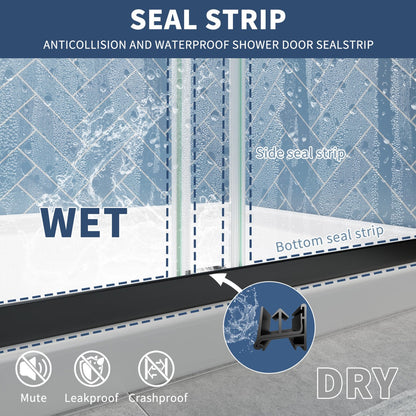 Glide sliding glass shower doors with clear tempered safety glass, black frame, and waterproof seal strip.