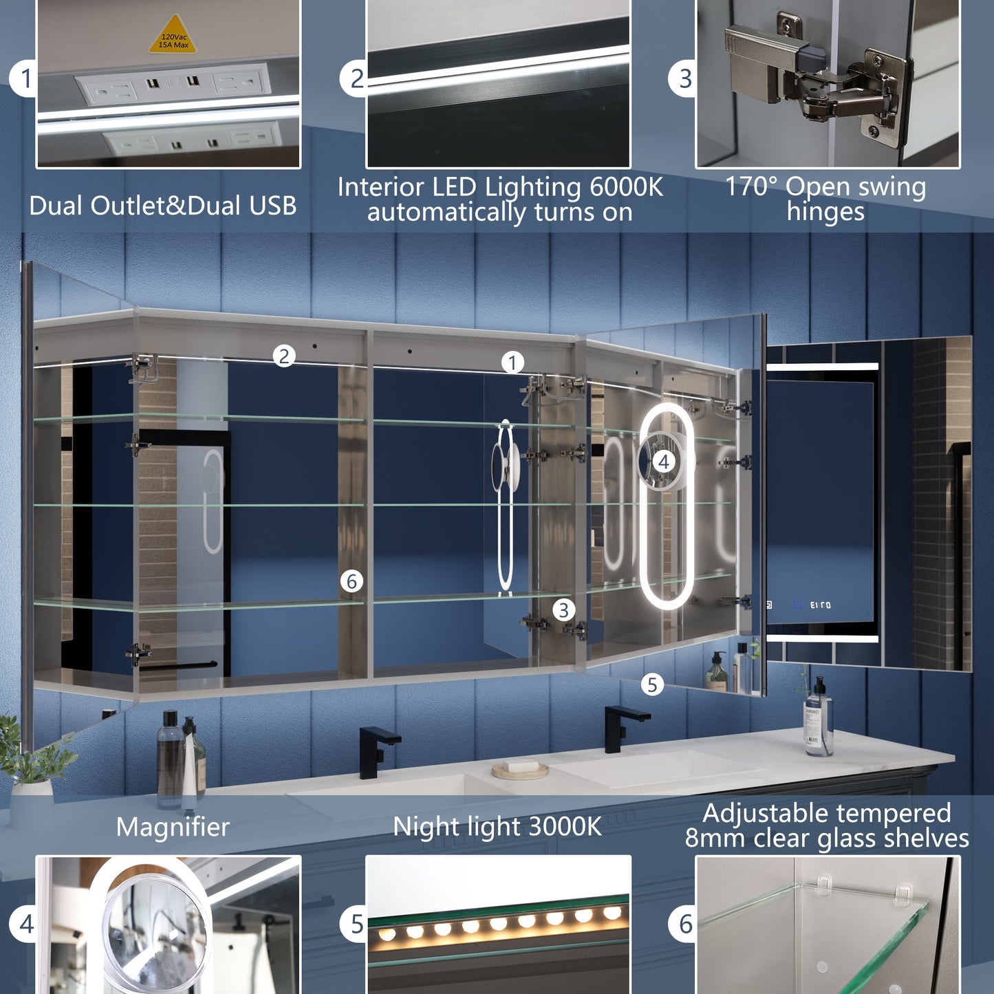 Illusion 72" x 36" LED Lighted Medicine Cabinet with Magnifiers Front and Back Light - ExBriteUSA