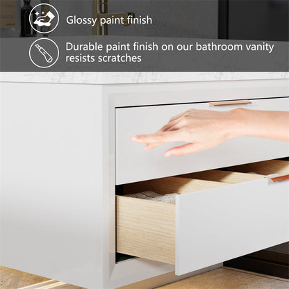 Glam 48" modern floating white rubberwood bathroom vanity with drawer open showing durable paint finish and stone slab countertop.